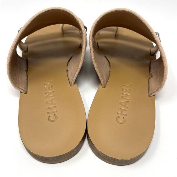 Chanel CC Logo Velvet Chain Slip On Slide Flat Mule Sandals Pink Silver EU 39.5 - Picture 6 of 14